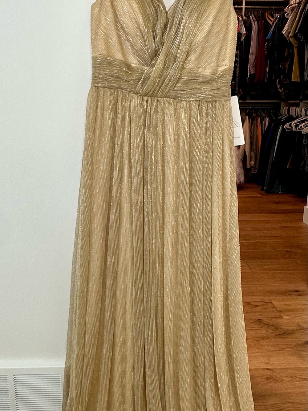 Gold Pleated Evening Gown - Women Dresses